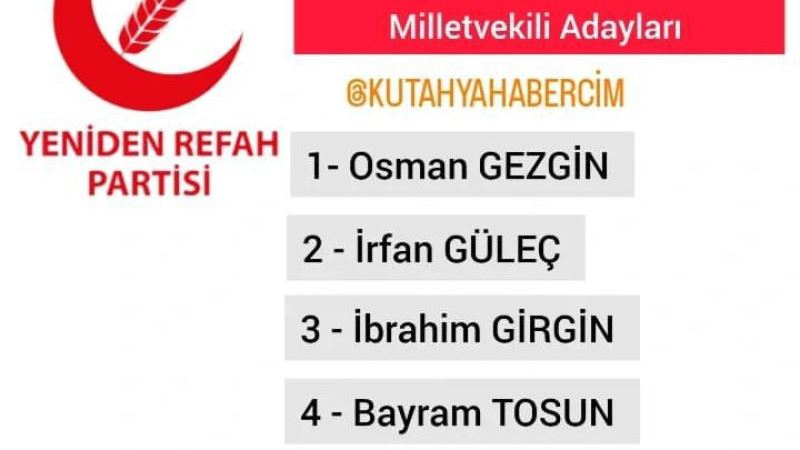 YENİDEN REFAH PARTİSİ KÜTAHYA ADAYLARI 